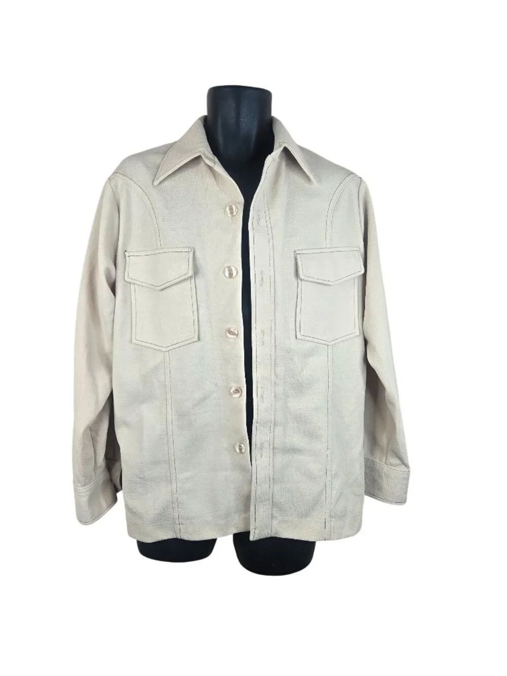 Vintage 70s Beige Button-Up Long Sleeve Shirt Jacket Mens L Disco Dagger Collar